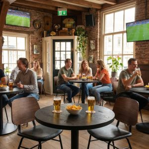 Super-Seat | Wooden tables, metal and leather chairs, bar stools; glass of beer and French fries. Light through large windows. | Hospitality Furniture