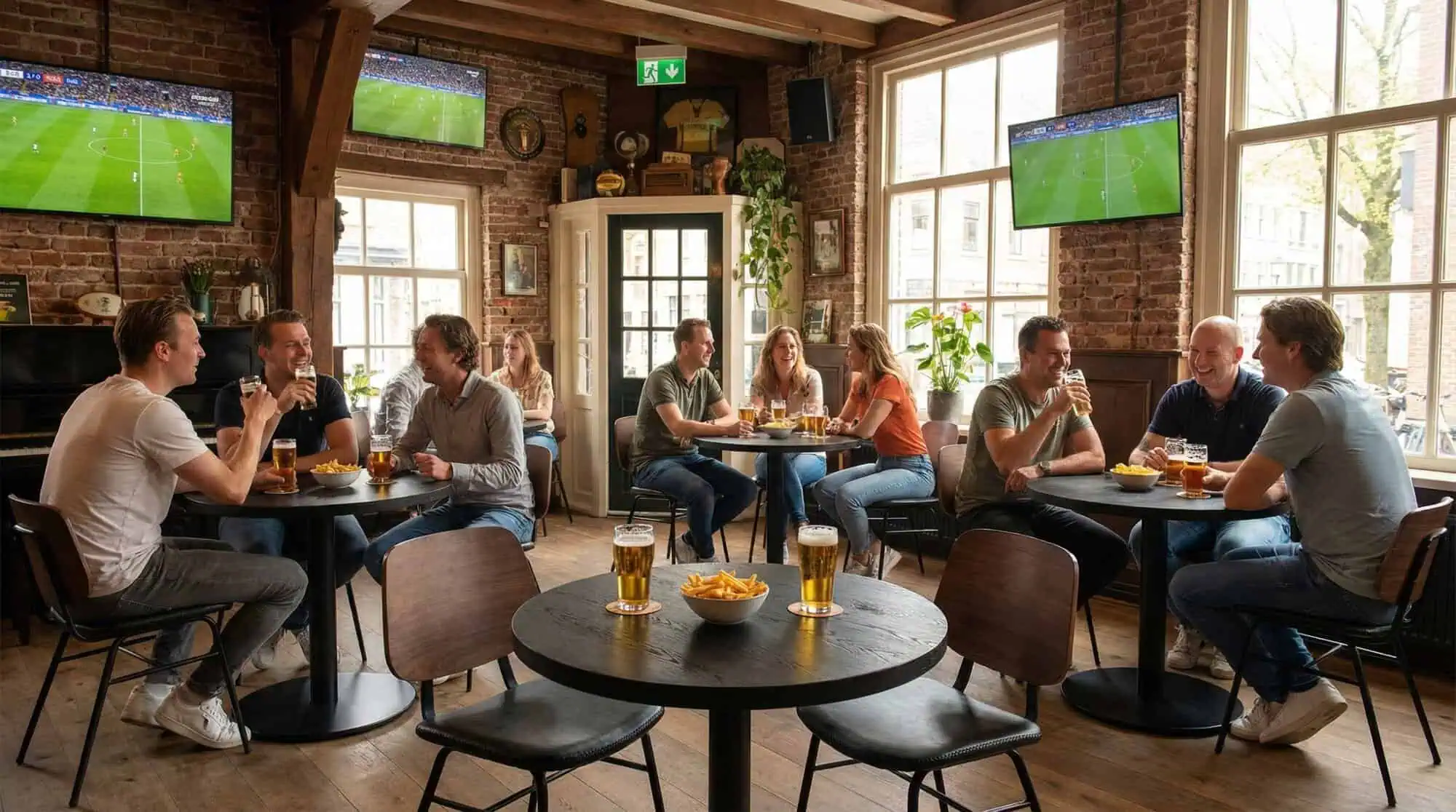 Super-Seat | Wooden tables, metal and leather chairs, bar stools; glass of beer and French fries. Light through large windows. | Hospitality Furniture