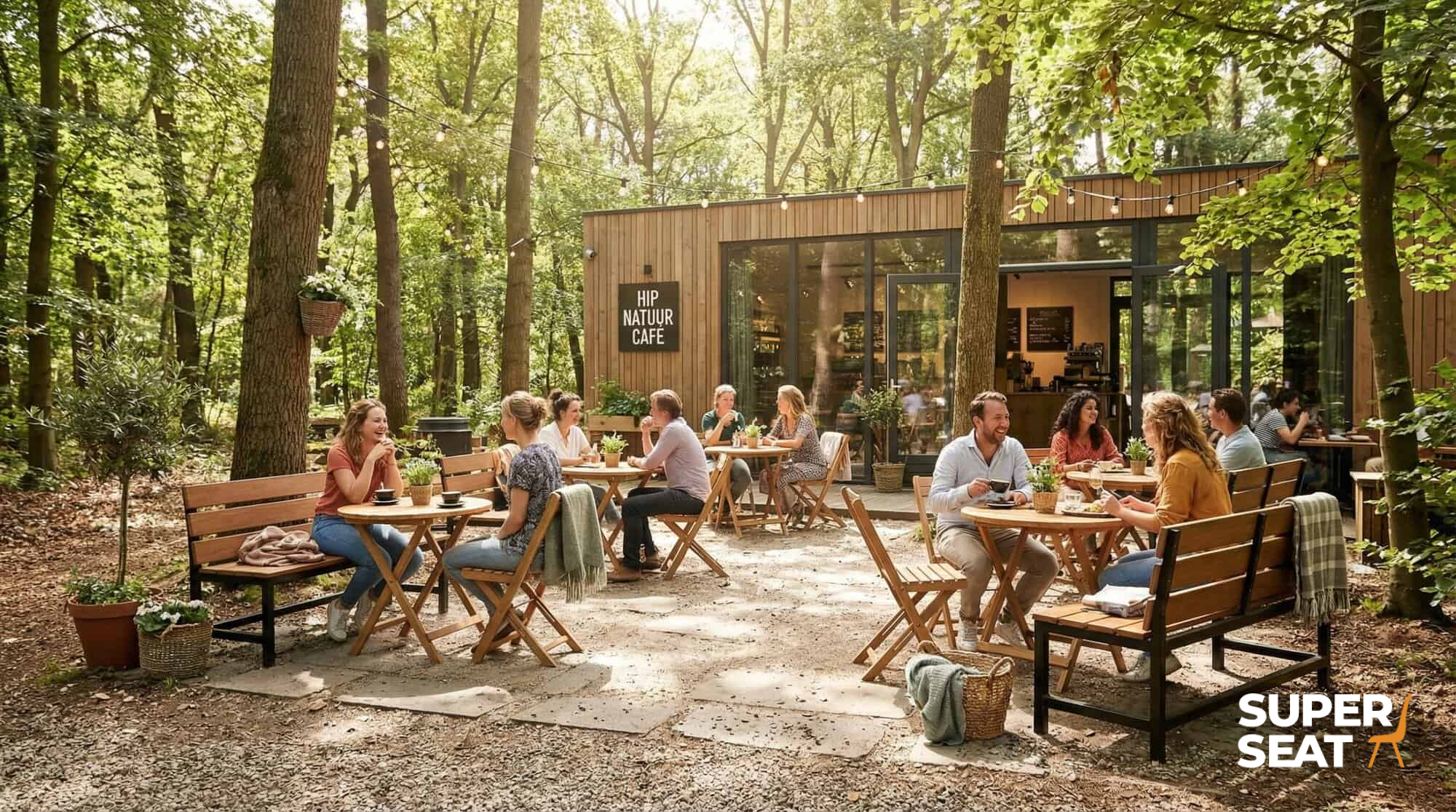 Super-Seat | HIP NATUR CAFE | Outside are wooden tables, chairs and picnic tables made of wood in sun and shade among trees. | Hospitality Furniture