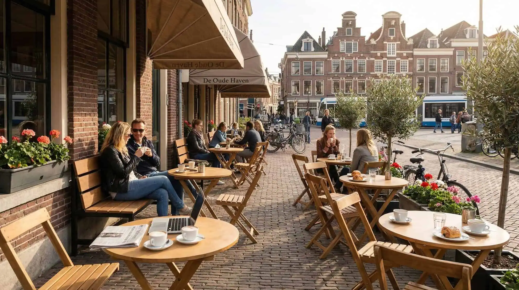 Super-Seat | Wooden tables and chairs, metal bar stools; brown tones on cobblestones, brick buildings in background. | Hospitality Furniture