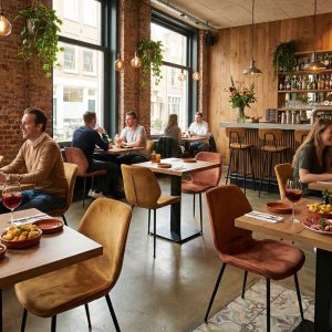 Super-Seat |Modern Restaurant Interior Gray chairs, wooden tables, bar stools at bar; brick walls, lots of light and hanging plants. | Hospitality Furniture
