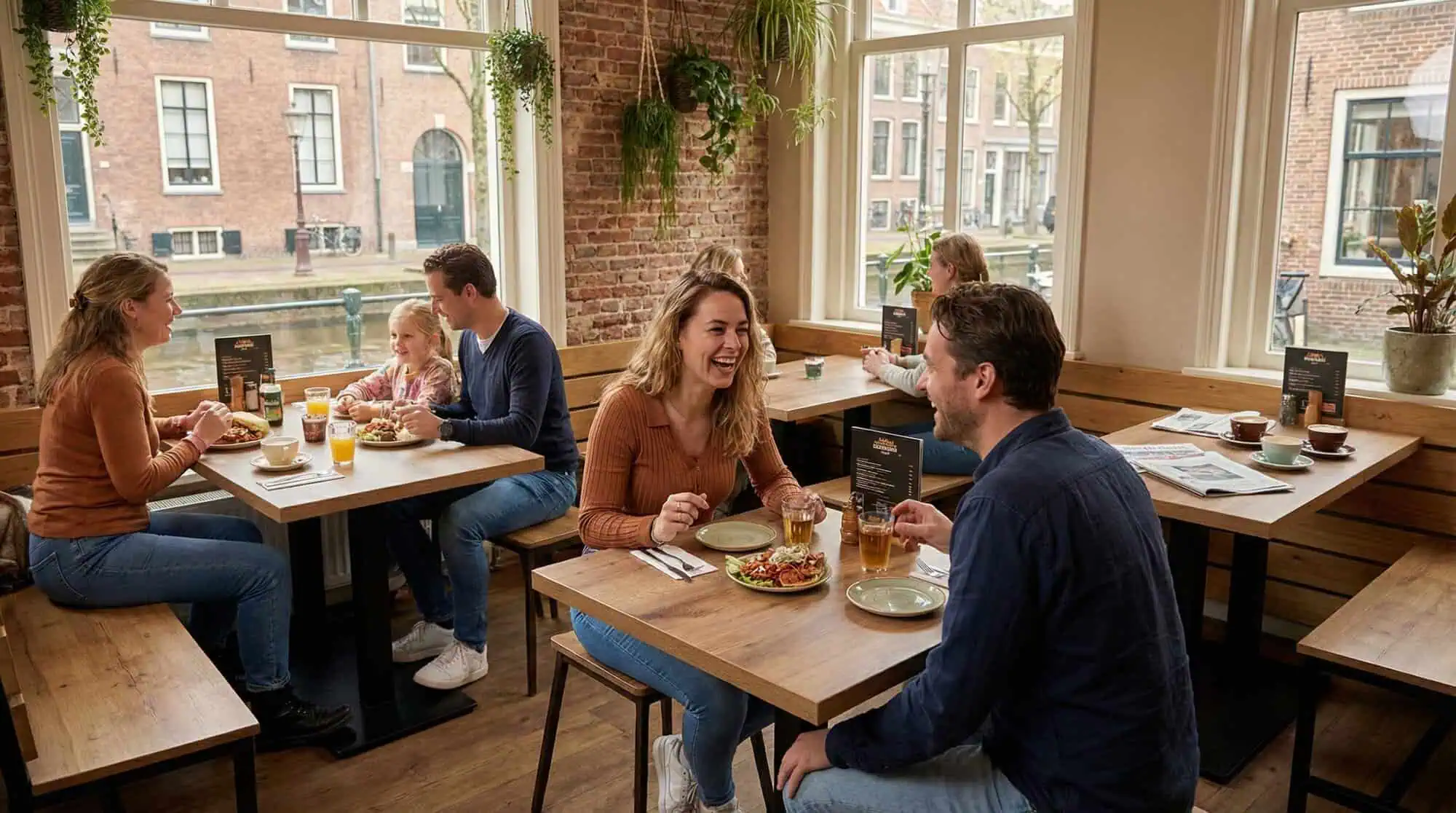 Super-Seat | Wooden tables and chairs, dark bar stools, light chairs near brick wall and windows. | Hospitality Furniture