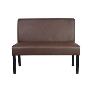 Super-Seat | What you're going to encounter are chairs, tables, bar stools, picnic tables and other kinds of tables and chairs. | Brown wooden bench with high back, no armrests, four black straight legs on white background. | Hospitality Furniture