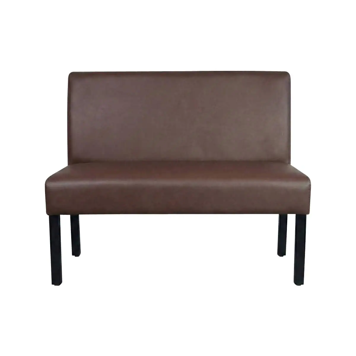 Super-Seat | What you're going to encounter are chairs, tables, bar stools, picnic tables and other kinds of tables and chairs. | Brown wooden bench with high back, no armrests, four black straight legs on white background. | Hospitality Furniture