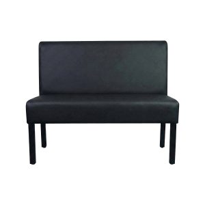 Super-Seat | Black upholstered modern sofa without armrests, straight back and four legs; wood and fabric. | Hospitality Furniture
