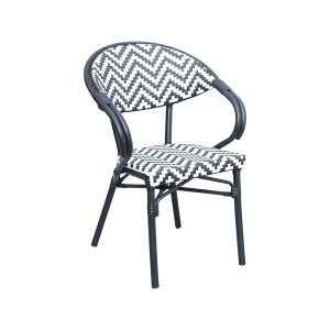 Super-Seat |Black metal chair with round back, black and white zigzag woven seat and back, white background. | Hospitality Furniture