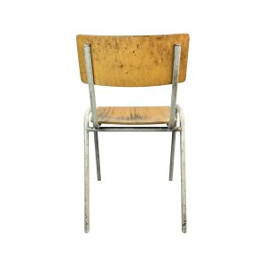 Super-Seat | Wooden chair with metal frame, back view. Wood has user marks, frame silver gray, on white. | Hospitality Furniture