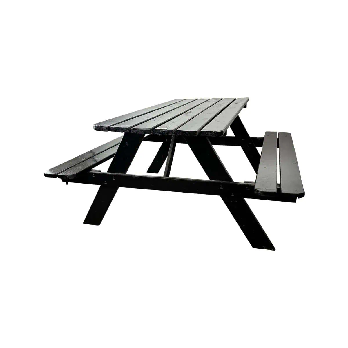 Super-Seat | Black wooden picnic table with fixed benches Black wooden picnic table on white background, with integrated benches. | Hospitality Furniture