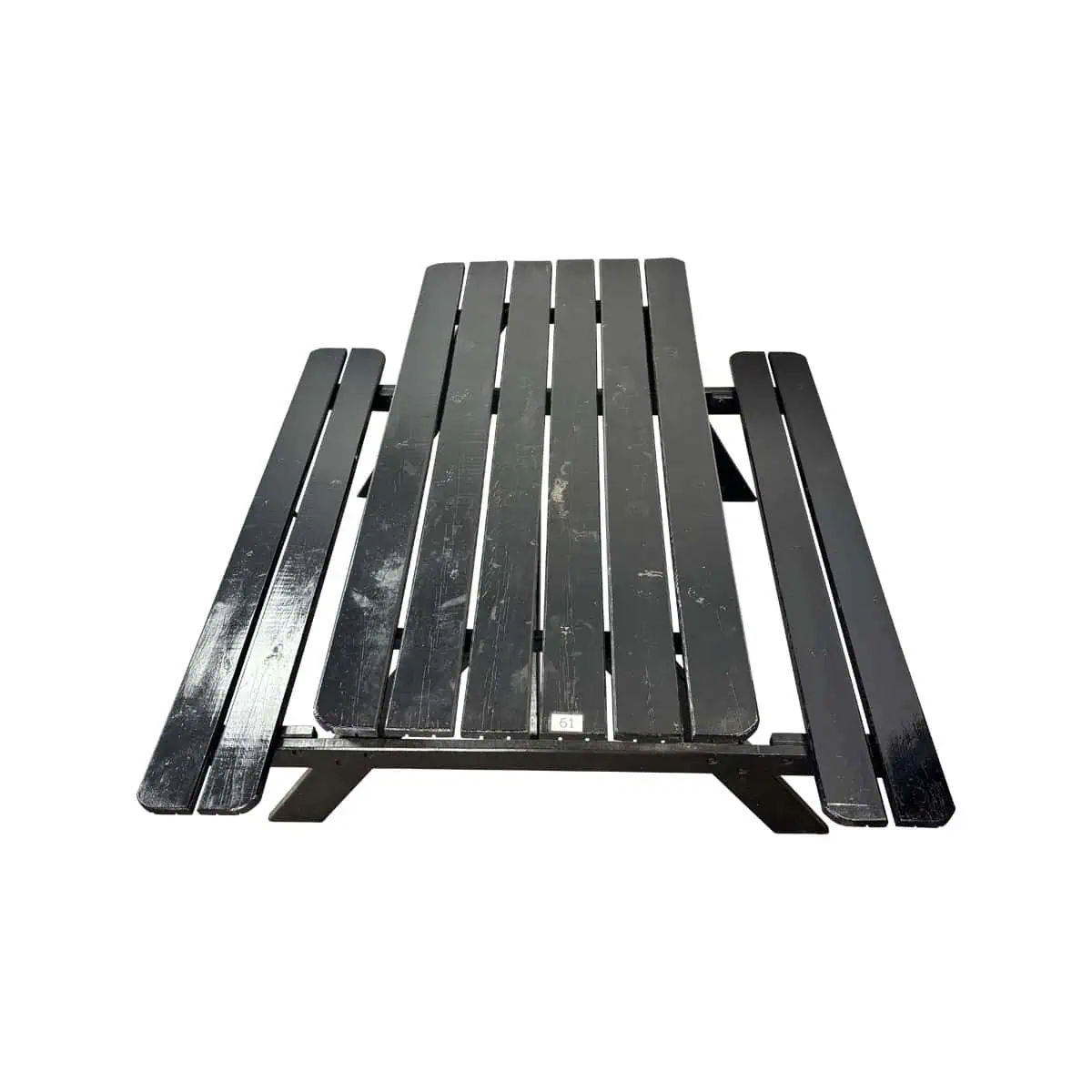 Super-Seat | Black wooden picnic table with fixed benches, seen from above on white background. | Hospitality Furniture