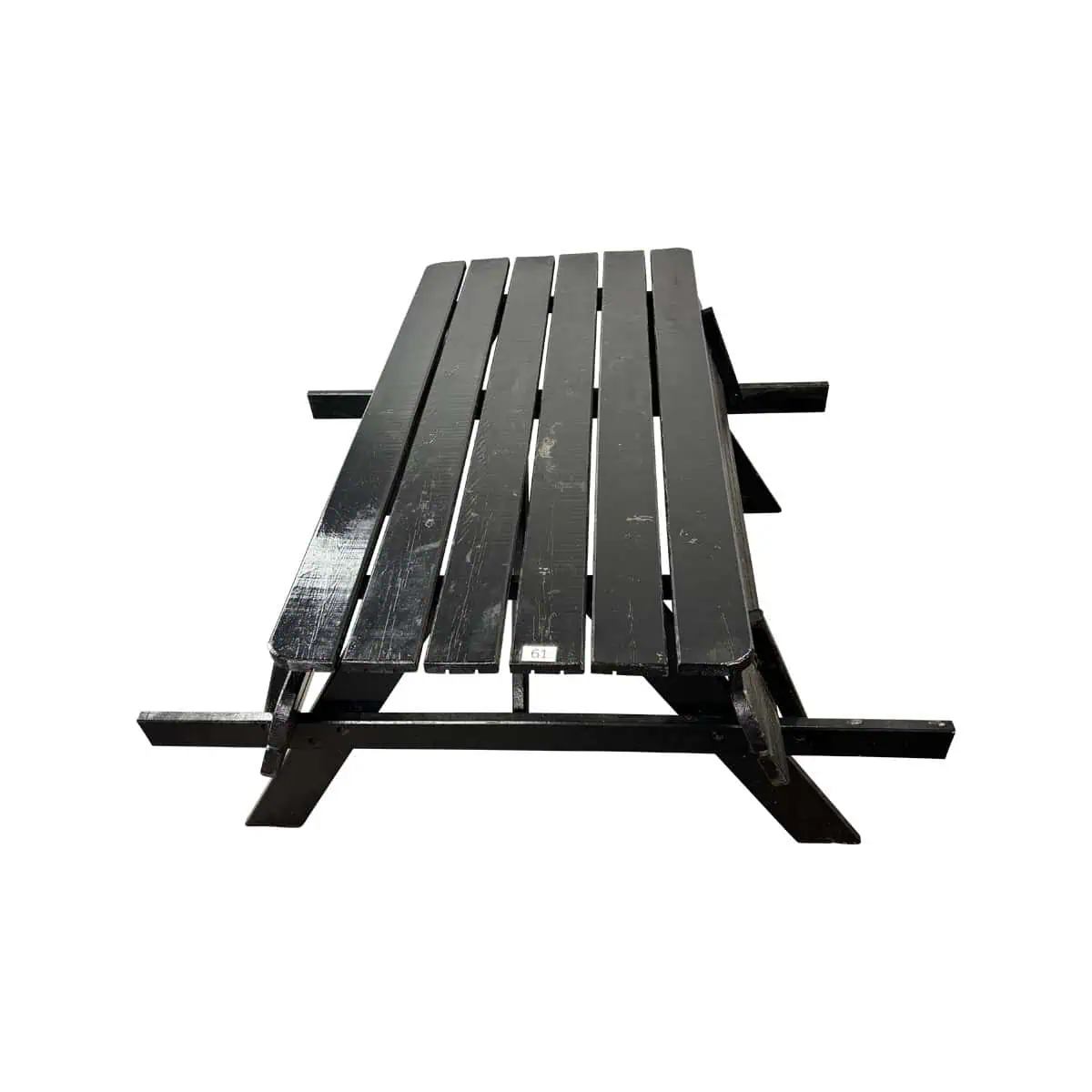 Super-Seat | What you are going to encounter are chairs, tables, bar stools, picnic tables | Black wooden picnic table with slatted top and fixed benches, viewed from above. | Hospitality Furniture