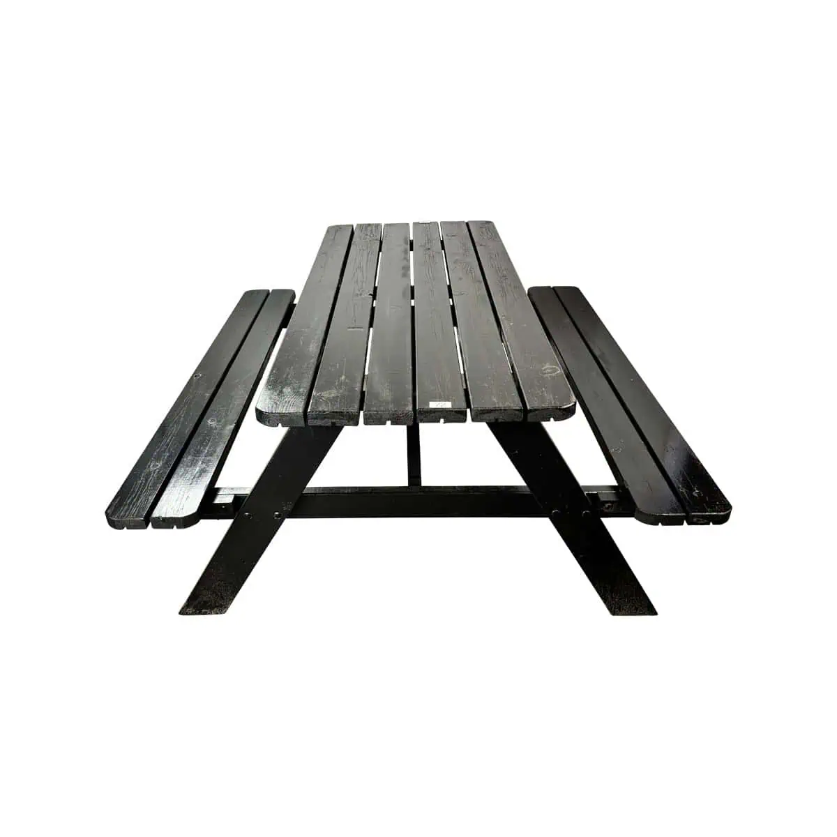 Super-Seat | Black wooden picnic table Black wooden table with benches, visible surface with wear against white background. | Hospitality Furniture