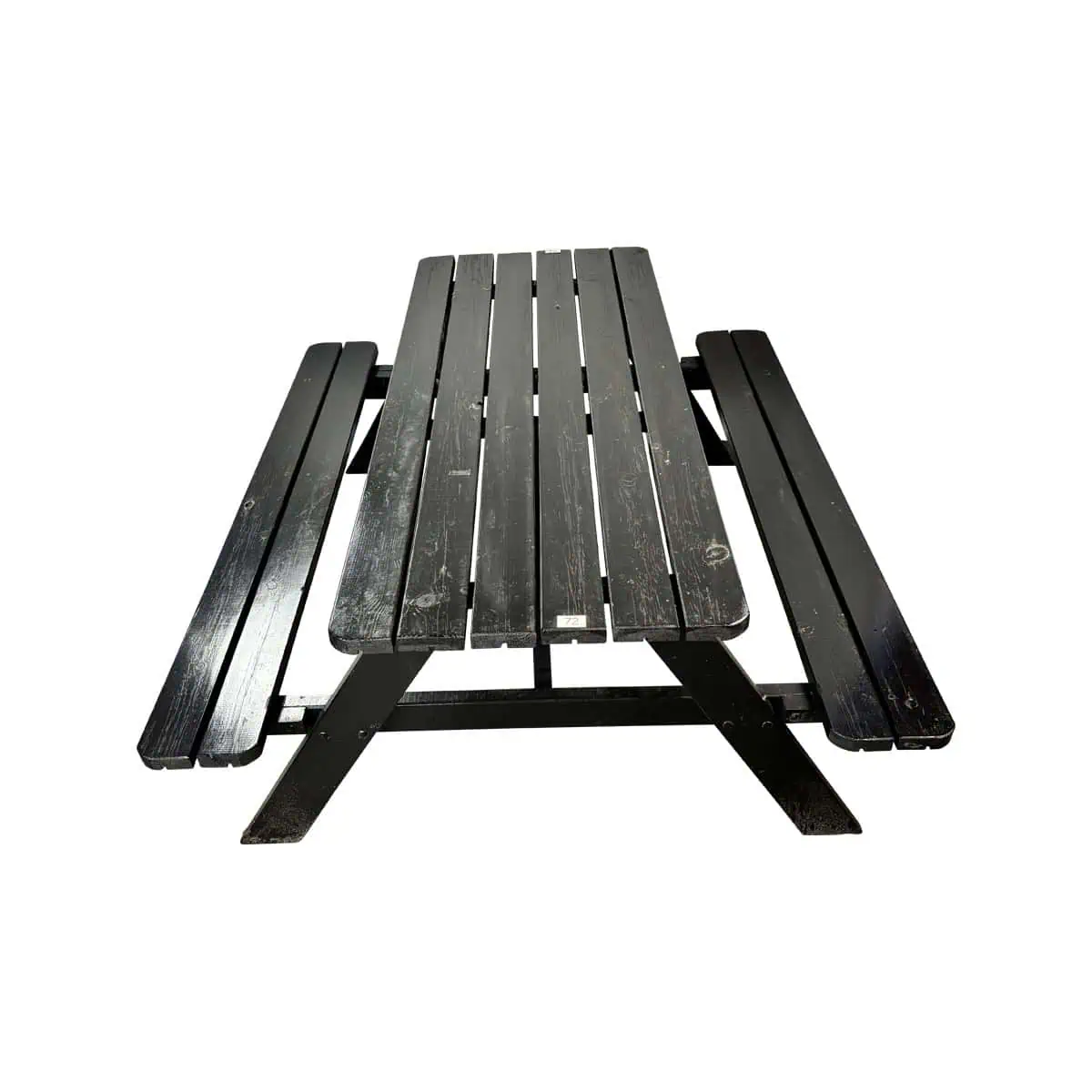 Super-Seat | Black wooden picnic table with benches Black wood, clearly used, wear visible, white background. | Hospitality Furniture