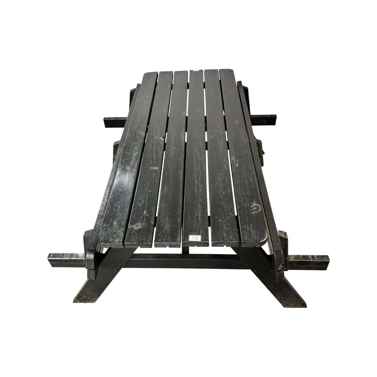 Super-Seat | Black wooden picnic table with slats and fixed benches, light signs of use, white background. | Hospitality Furniture