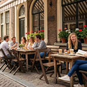 Super-Seat | Marais vintage wooden folding chairs Brown wooden folding chairs and tables outside café; women reading, laughing. | Hospitality Furniture