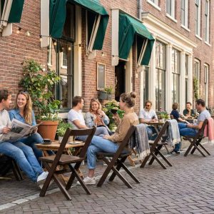 Super-Seat | Brown wooden folding chairs and tables on a stone terrace in front of café with green awnings. | Hospitality Furniture